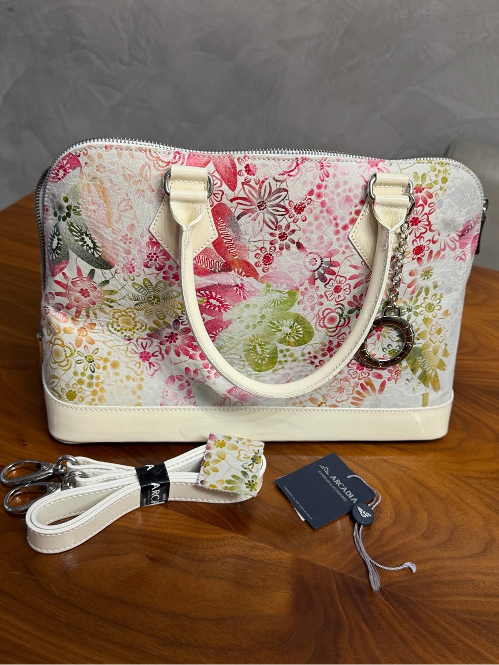 Arcadia Genuin Leather Multi-Color Satchel Handbag with Cream Trim
